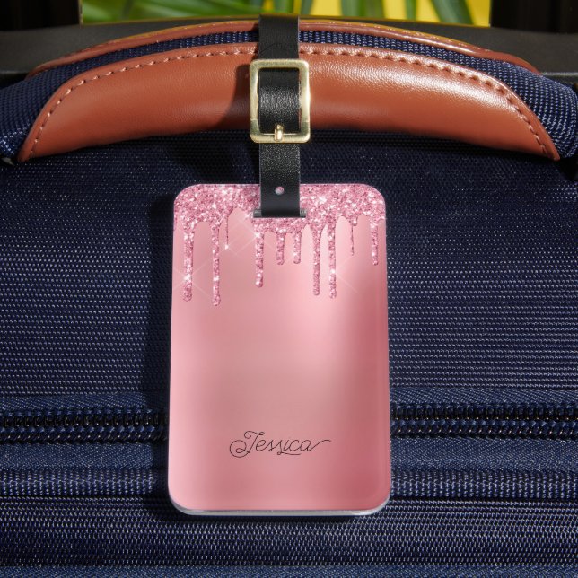 Modern Trendig Rosa Dripping Glitter Bagagebricka (Framsida Insitu 2)