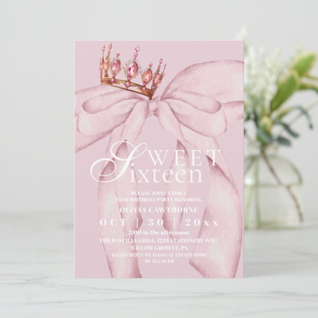 Modern & Trendig Rosa Sweet 16 Bow Födelsedag Inbjudningar (Stående Fram)
