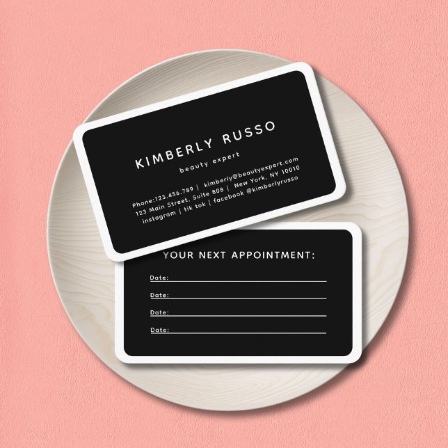 Modern, Trendig, Salon-avtalskort Tidsbeställning Kort (Modern, trendy, salon, black appointment card.)
