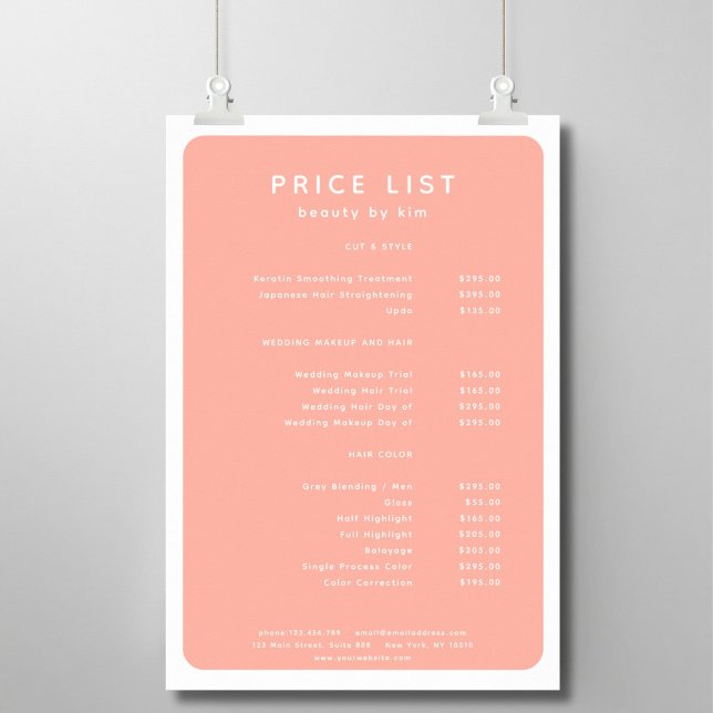 Modern, Trendig, Salon Pris List Poster (Modern, simple, salon price list, peach - white. Prints & instant downloads.)