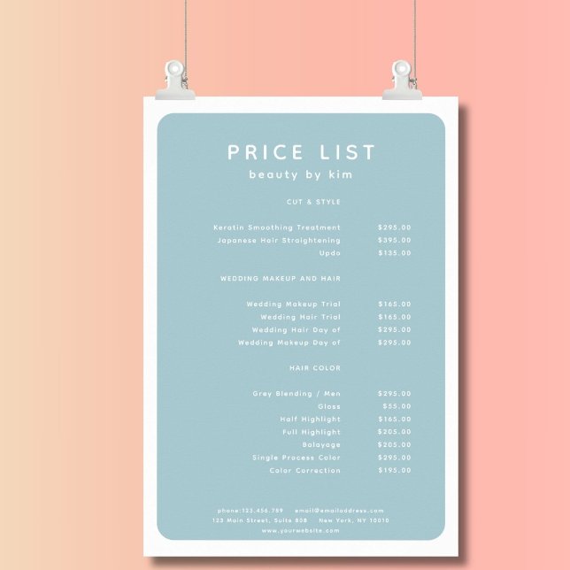 Modern, Trendig, Salon Pris List Poster (Modern, simple, salon price list, blue- white. Prints & instant downloads.)
