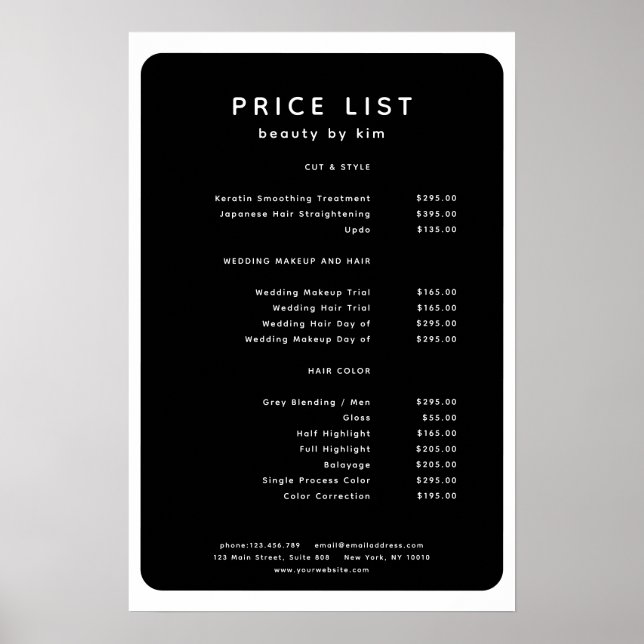 Modern, trendig, salong prislista affisch (Framsidan)