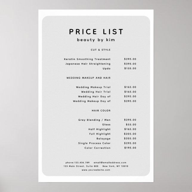 Modern, trendig, salong prislista affisch (Framsidan)