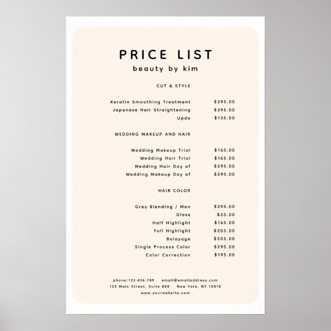 Modern, trendig, salong prislista affisch (Framsidan)