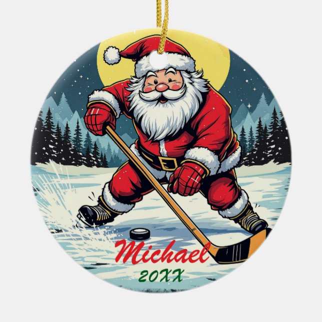 Modern Trendig Santa Pay Ice Hockey - eget namn Julgransprydnad Keramik (Framsidan)