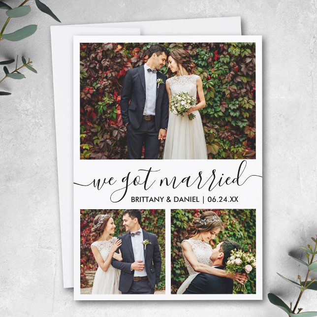 Modern Trendig Script 3 Photo We Har Married Meddelande (Customize to add text or more photos to back of card.)