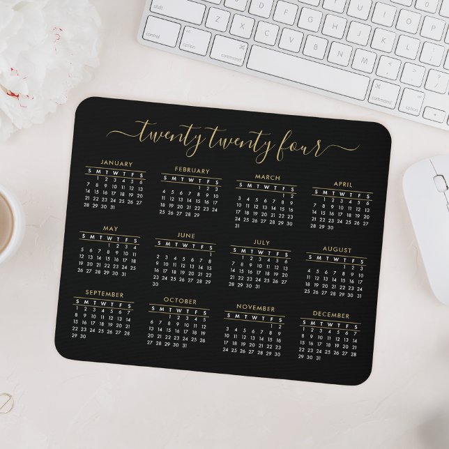 Modern Trendig Script Black Guld 2024-kalender Musmatta (Skapare uppladdad)