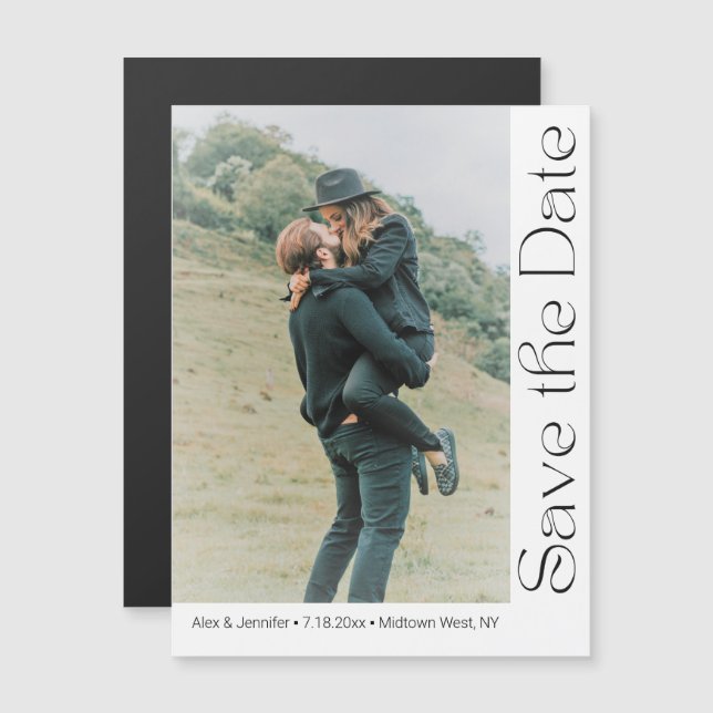 modern trendig script foto spara datum magnet (Fram/baksida)