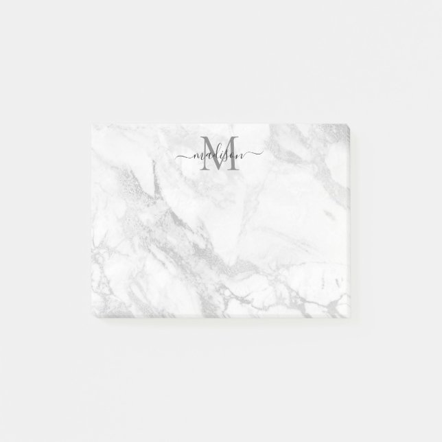 Modern Trendig Silver Grått Marble Monogram Post-it Block (Framsida)