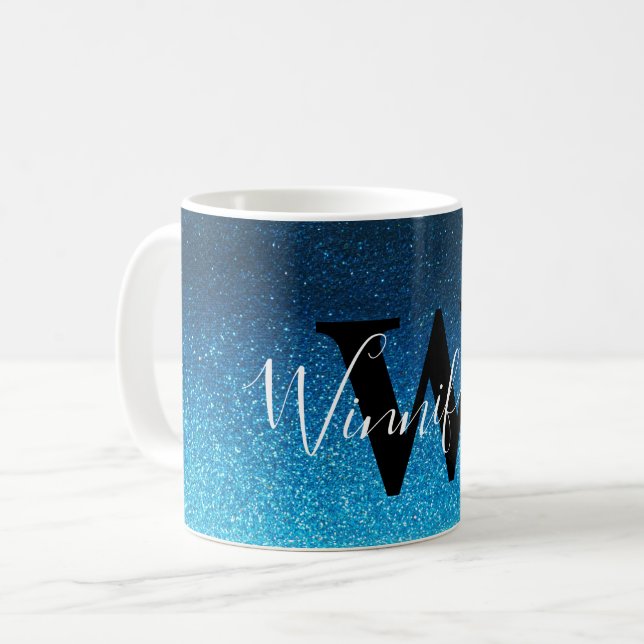 Modern Trendig Simple Monogram Black Glitter Ombre Kaffemugg (Framsida vänster)