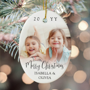 Modern Trendig Skript God Jul 2 Bilder Oval Julgransprydnad Keramik