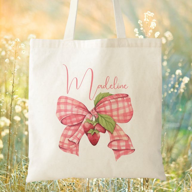 Modern Trendig Söt Rosa Båge & Jordgubbe Tygkasse (Skapare uppladdad)
