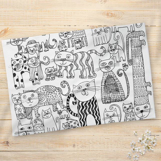 Modern Trendig Svart och Vit Katt Mönster Kökshandduk (Modern Trendy Black and White Cats Pattern Kitchen Towel)