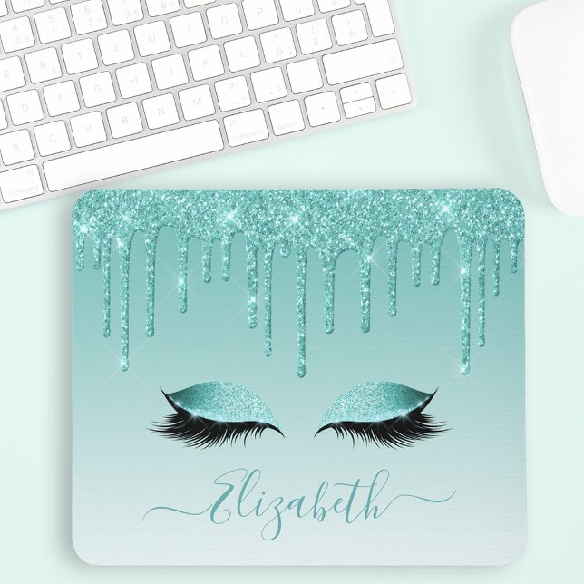Modern Trendig Teal Glitter Lash-Snyggt-skript Musmatta (Customize to change text color, text style or to add more text.)
