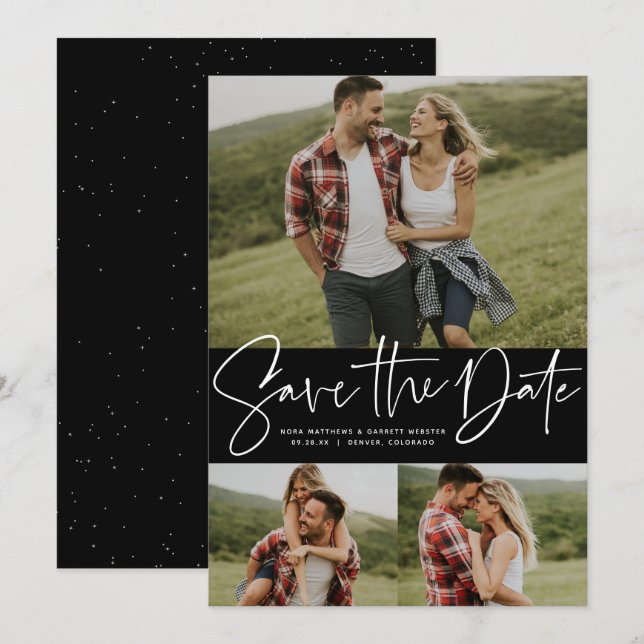 Modern trendig, tre foto spara datumet (Fram/baksida)