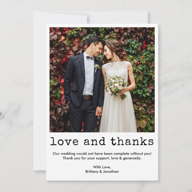 Modern Trendig Typewriter-textfoto Bröllop Tack Kort (Framsida)