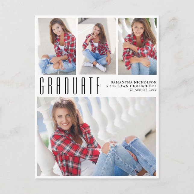 Modern Trendig White Studenten 4 Photo Collage Inbjudan Vykort (Framsida)