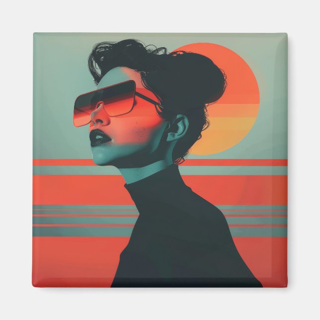 Modern Trendig Woman Retro Sunset Magnet (Framsidan)