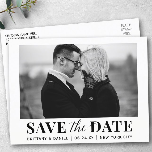 Modern Trendy Black and White Photo Save Date Vykort (Customize to change your personalized text size or text style.)
