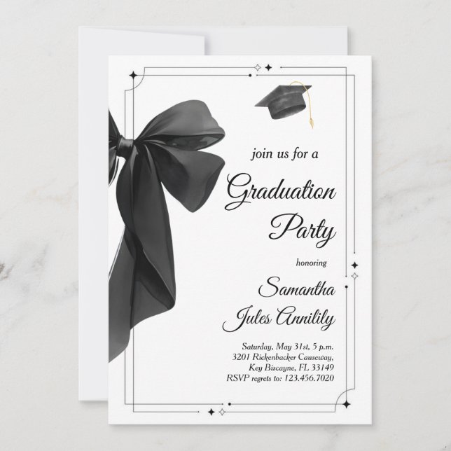 Modern Trendy Black Bow Graduation Party  Inbjudningar (Framsida)