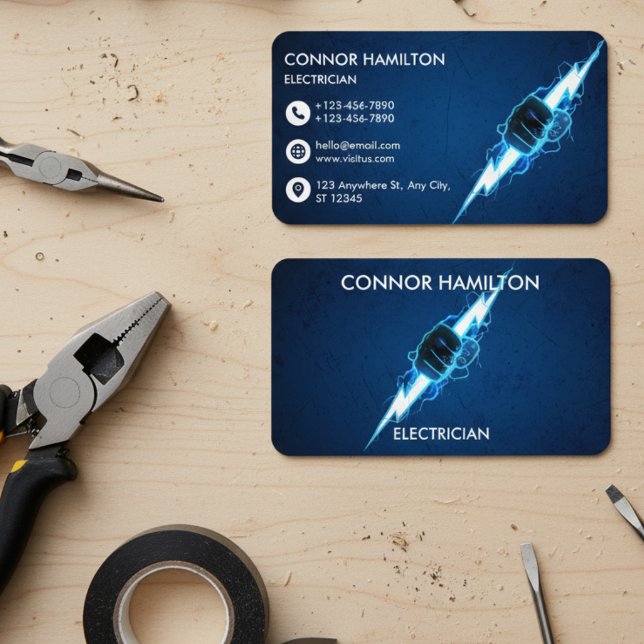Modern Trendy Cool Blue Lightning Electrician Busi Visitkort (Skapare uppladdad)