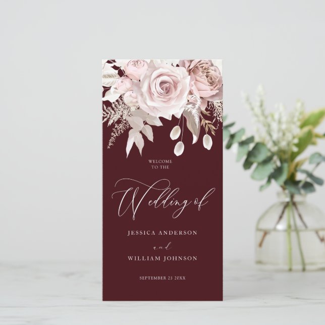 Modern Trendy Deep Burgundy Blush Wedding Program (Stående Fram)