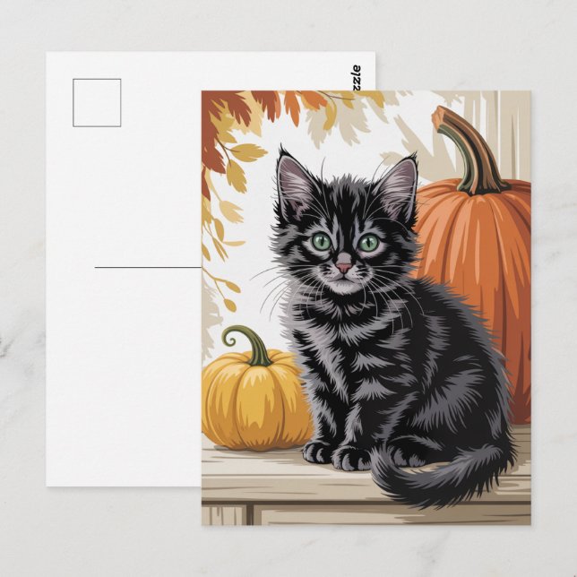 Modern Trendy Halloween Pumpkins and Black Cat  Vykort (Fram/baksida)