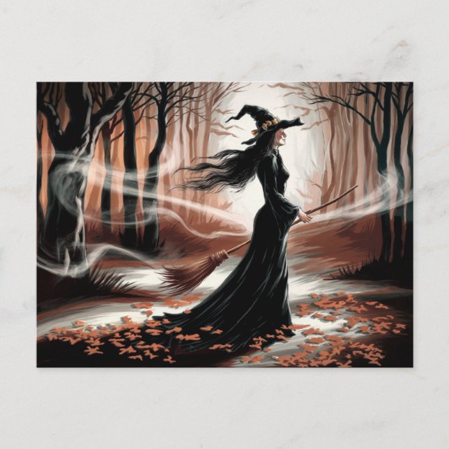 Modern Trendy Halloween Witch in Forest            Vykort (Framsida)
