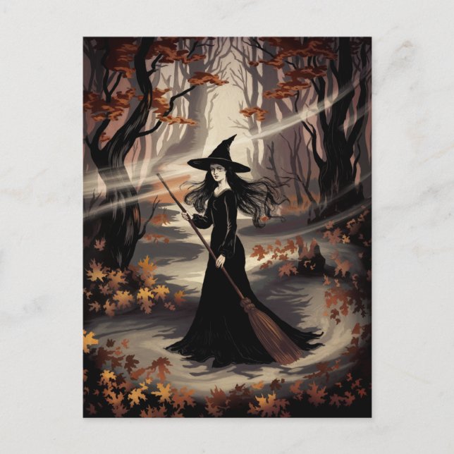 Modern Trendy Halloween Witch in Forest            Vykort (Framsida)