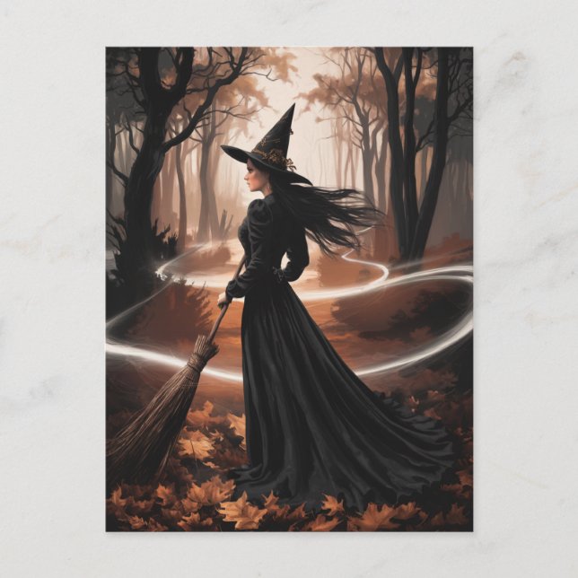 Modern Trendy Halloween Witch in Forest            Vykort (Framsida)