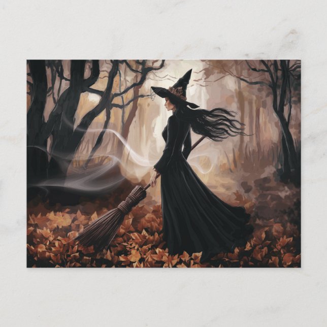 Modern Trendy Halloween Witch in Forest            Vykort (Framsida)