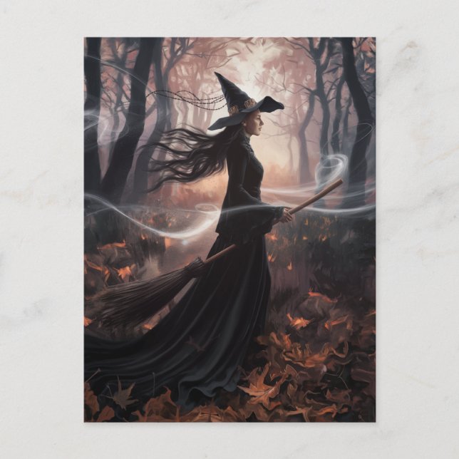 Modern Trendy Halloween Witch in Forest            Vykort (Framsida)