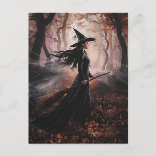 Modern Trendy Halloween Witch in Forest            Vykort (Framsida)