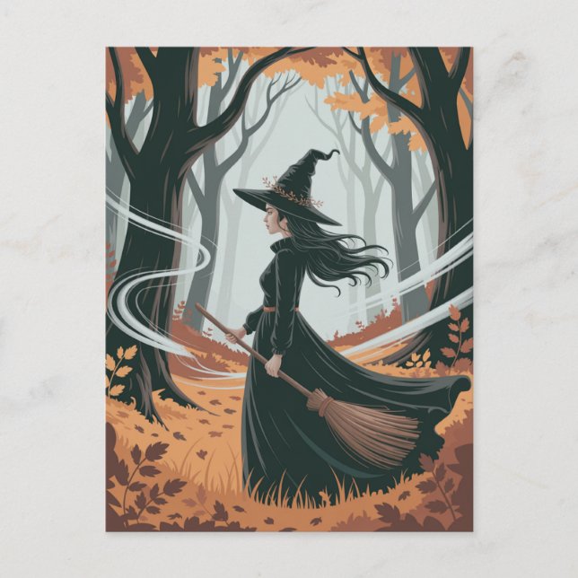 Modern Trendy Halloween Witch in Forest            Vykort (Framsida)