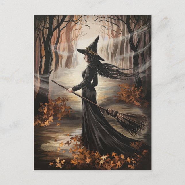 Modern Trendy Halloween Witch in Forest            Vykort (Framsida)