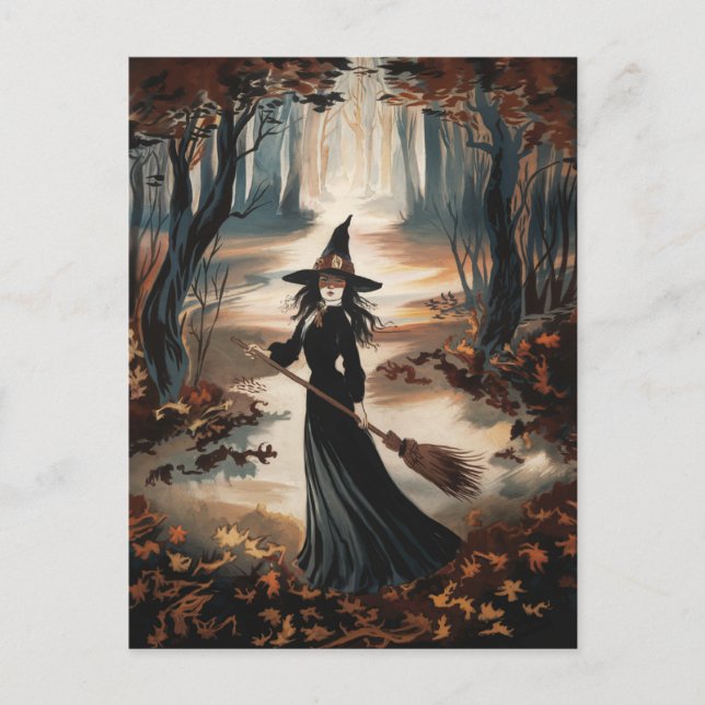 Modern Trendy Halloween Witch in Forest            Vykort (Framsida)