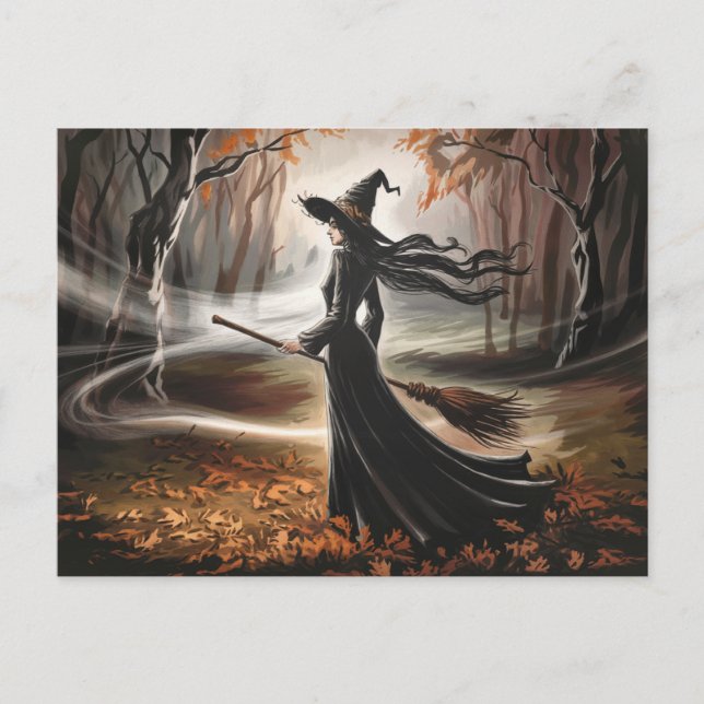 Modern Trendy Halloween Witch in Forest            Vykort (Framsida)