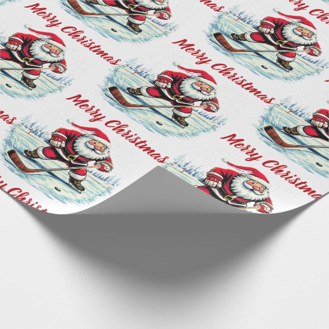 Modern Trendy Santa Playing Ice  Hockey      Presentpapper (Hörn)