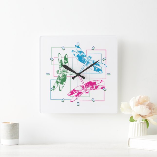 Modern Tri-Färg Dragonflies Wall Clock Fyrkantig Klocka (Hem)