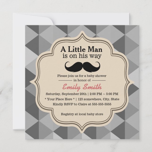 Modern triangel Quilts Mustache Boy Baby Shower Inbjudningar (Framsida)