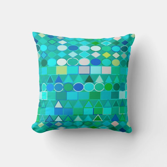 Modern Tribal Geometrisk, Havsglas Aqua och Blå Kudde (Framsida)