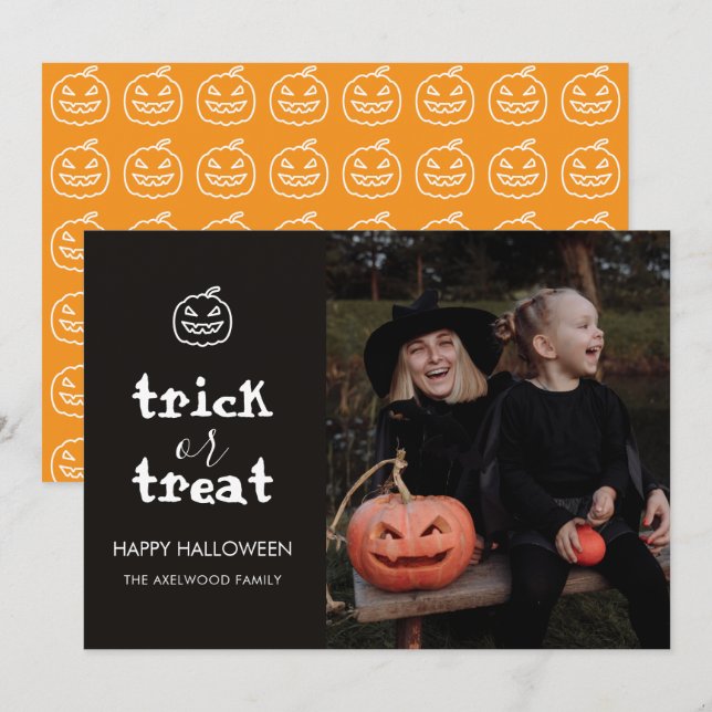 Modern Trick or Treat Familjefoto Halloween Julkort (Fram/baksida)