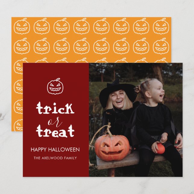 Modern Trick or Treat Familjefoto Halloween Julkort (Fram/baksida)