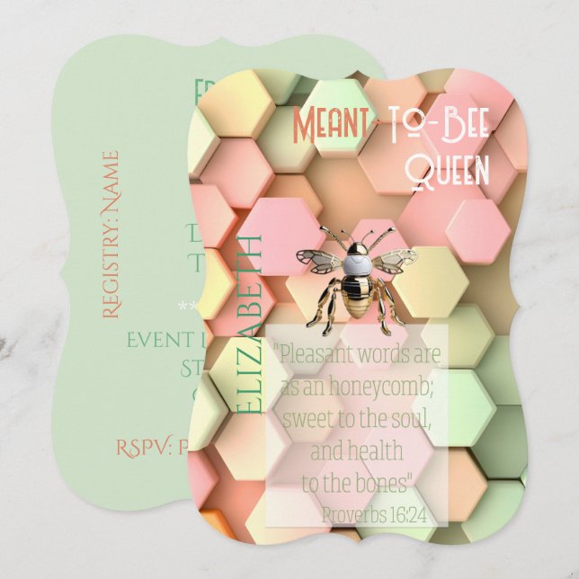 Modern Tro Peach Rosa Gul Grön Bikupa Guld Bi Inbjudningar (Fram/baksida)