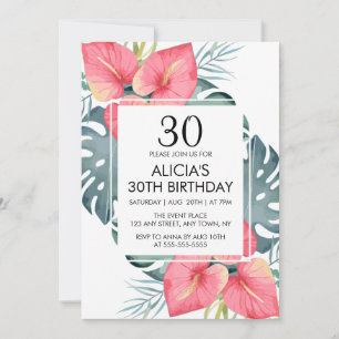 Modern Tropical Anthurium & Monstera Birthday Inbjudningar