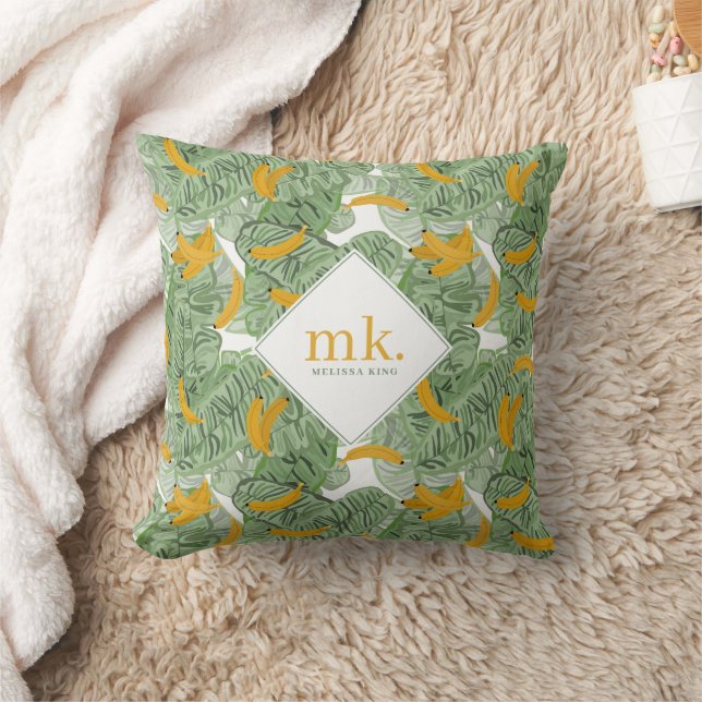 Modern Tropical Banana Greenery Mönster Monogram Kudde (Filt)