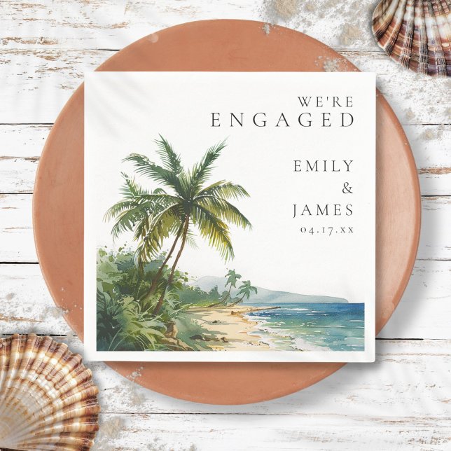 Modern Tropical Beach-Förlovningsfest för vattenfä Pappersservett (Modern Watercolor Tropical Beach Engagement Party Napkins)