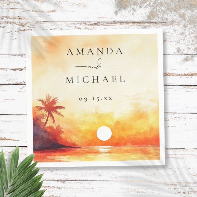 Modern Tropical Beach Sunset Bröllop Pappersservett (Modern Watercolor Tropical Beach Sunset Wedding Napkins)
