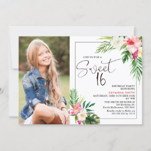Modern Tropical Blommigt Photo Sweet 16 Birthday Inbjudningar