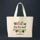 Modern Tropical Bridesmaid i penselskript Jumbo Tygkasse<br><div class="desc">Modern Trendig Push Script Watercolor Tropical Blommigt Grey Bridesmaid Tote Bag</div>